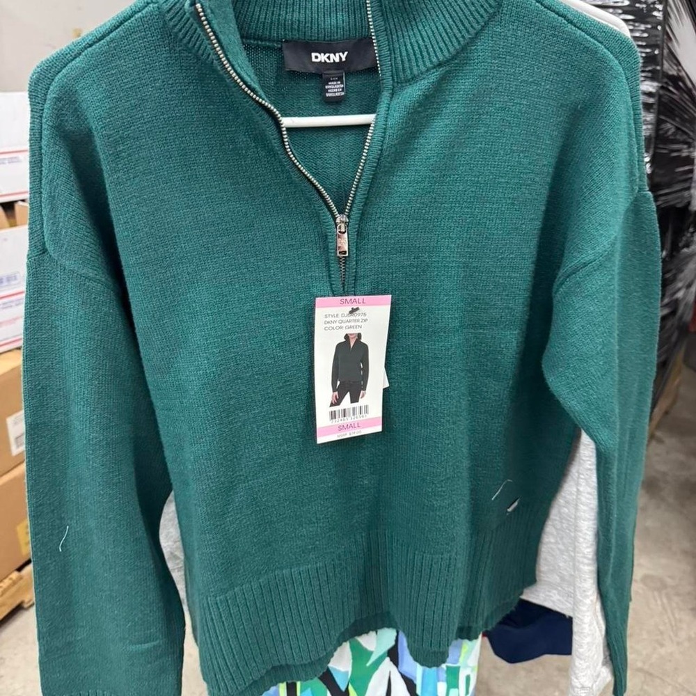DKNY Women's Forest Green Quarter Zip Knit Sweater NWT Size Small